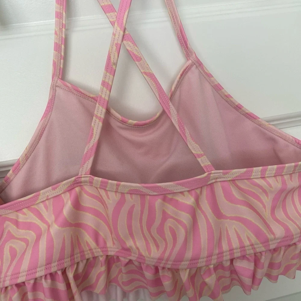 Wonder Nation Pink Cream Yellow Zebra Two Piece Ruffle Bikini Size XL 14/16